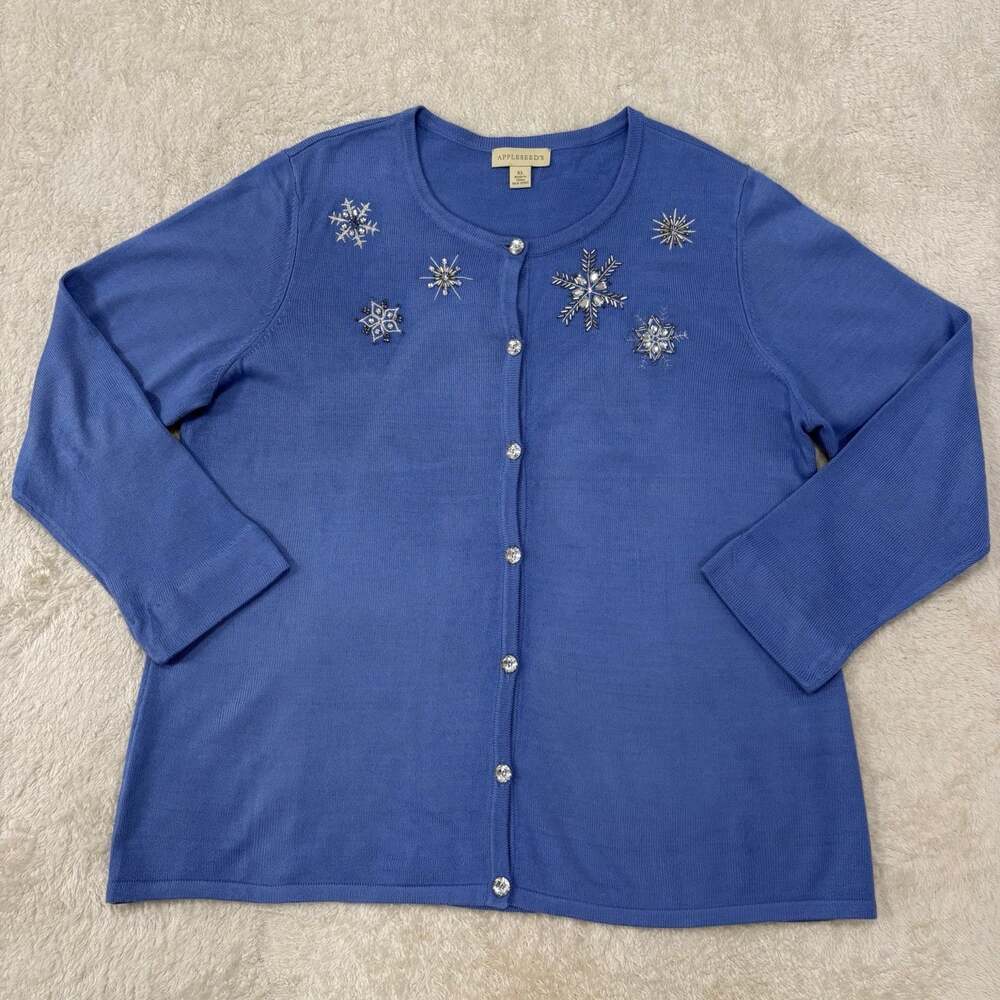 Appleseeds Womens XL Blue Snowflake Beaded Cardigan Christmas Grandmacore